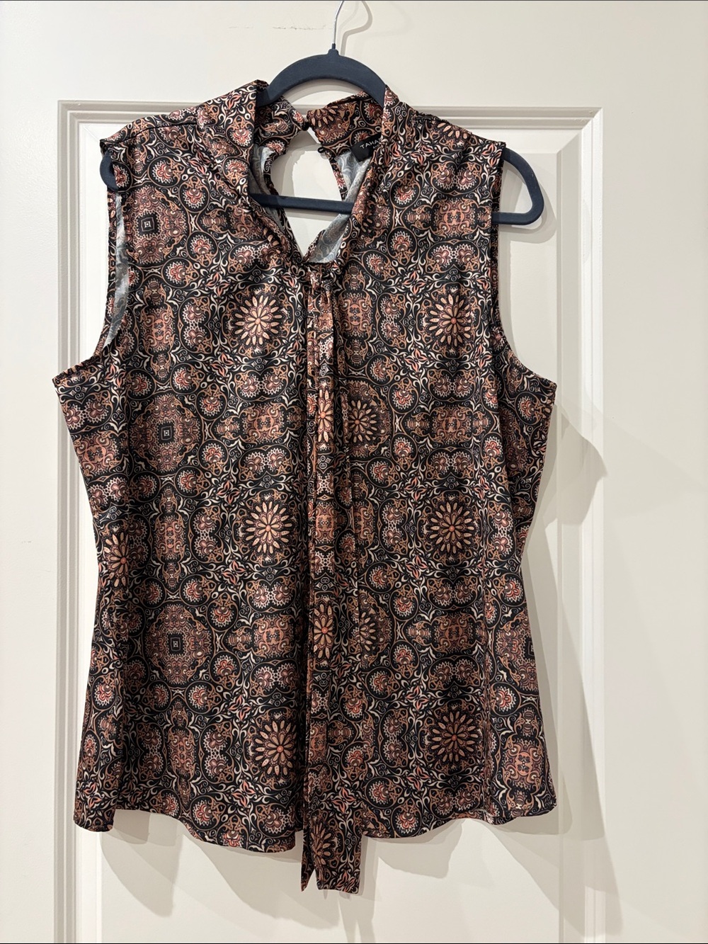 Tahari Sleeveless Tie-Neck Blouse - Black and Tan Floral Medallion